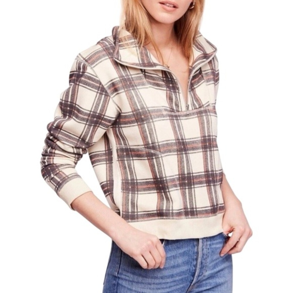 Free People Plaid Quarter Zip Pullover Sweatshirt Cream Coral XS